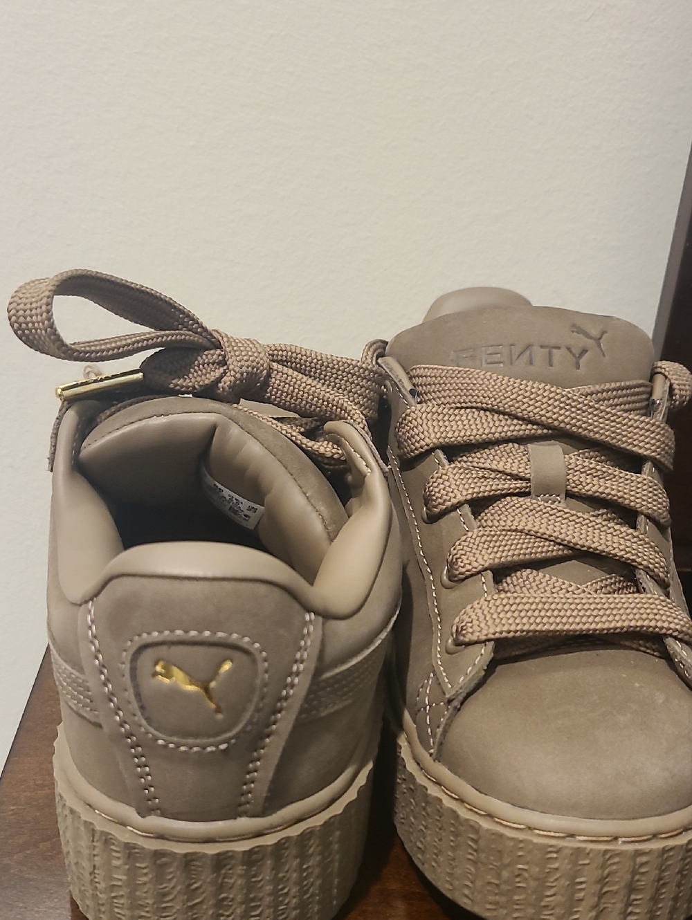 FENTY Women's Platform Sneakers in Taupe with Gold Accent